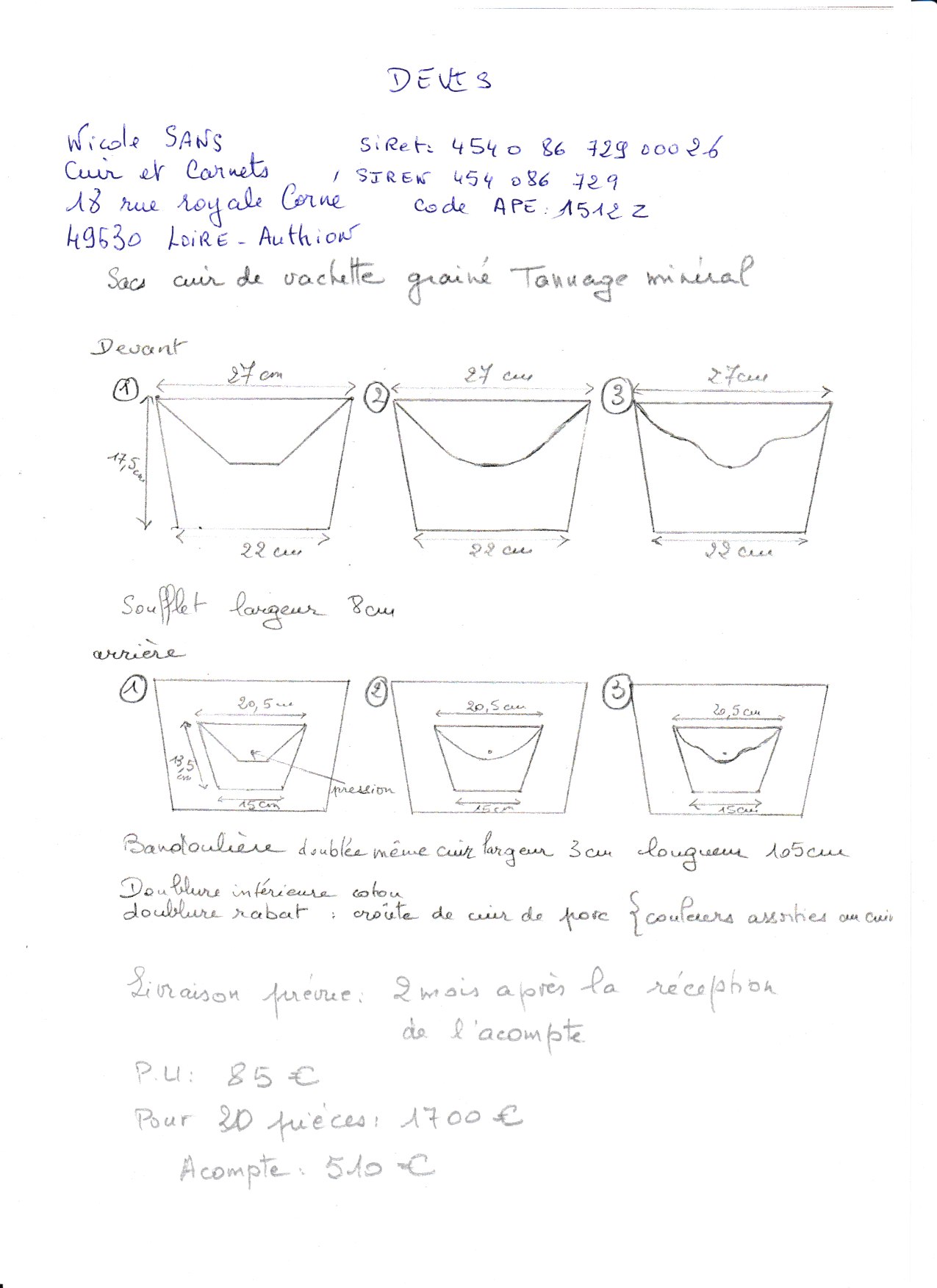 Commande 20 sacs bandoulière cuir vachette tannage minéral, couleurs différentes.