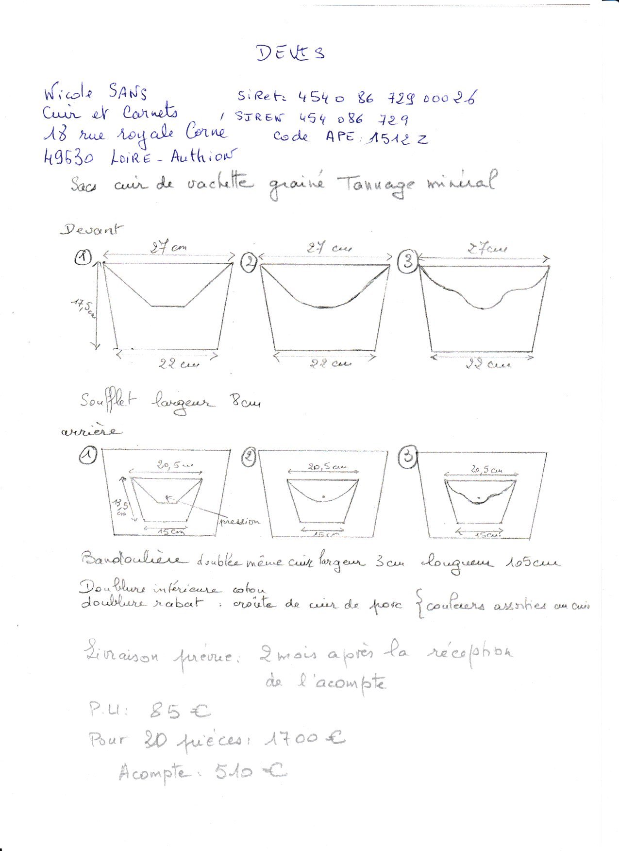 Commande 20 sacs bandoulière cuir vachette tannage minéral, couleurs différentes.