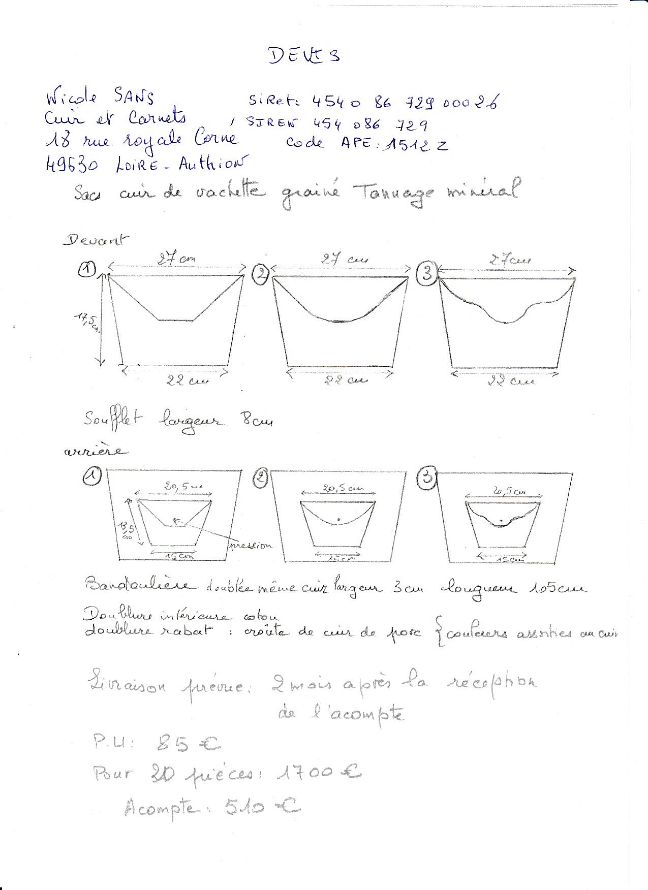 Commande 20 sacs bandouli&egrave;re cuir vachette tannage min&eacute;ral, couleurs diff&eacute;rentes.