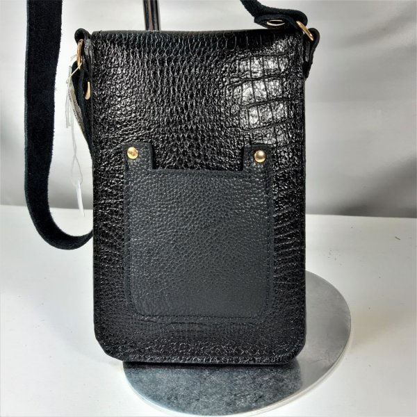 Pochette pour smartphone cuir de vachette imprimé, coloris noir.