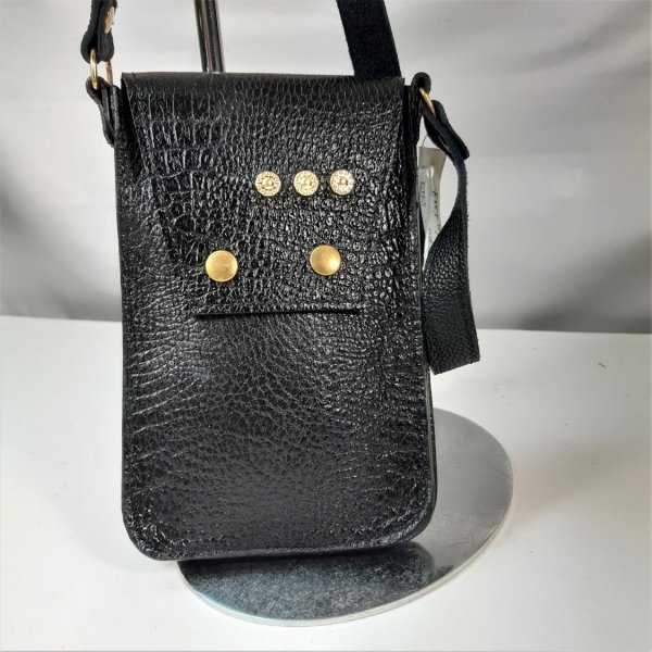 Pochette pour smartphone cuir de vachette imprimé, coloris noir.