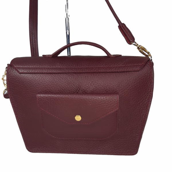 Sac cuir de buffle bordeaux et noir, porté main ou épaule.